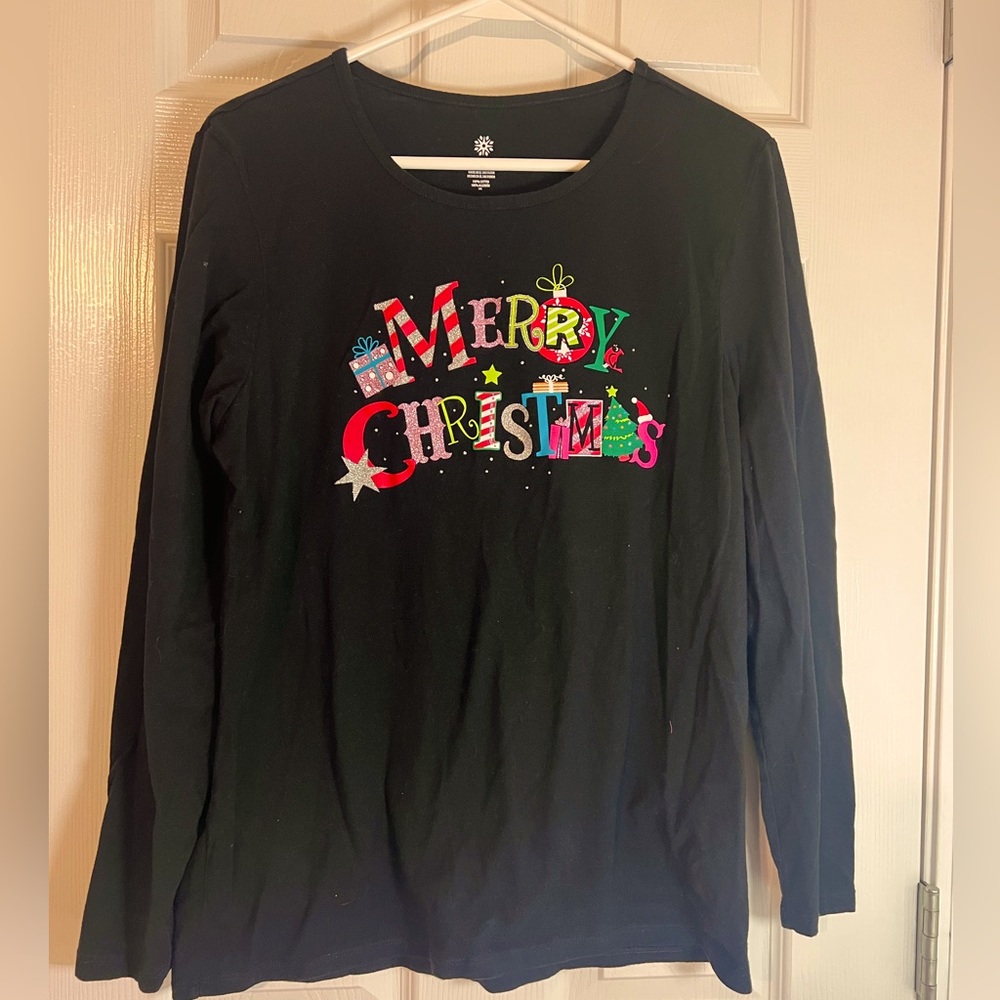 Ladies Sparkle Merry Christmas T shirt L